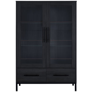 Modern Style Tall Display Cabinet With LED Lighting, Tempered Glass Door, 2 Drawers
