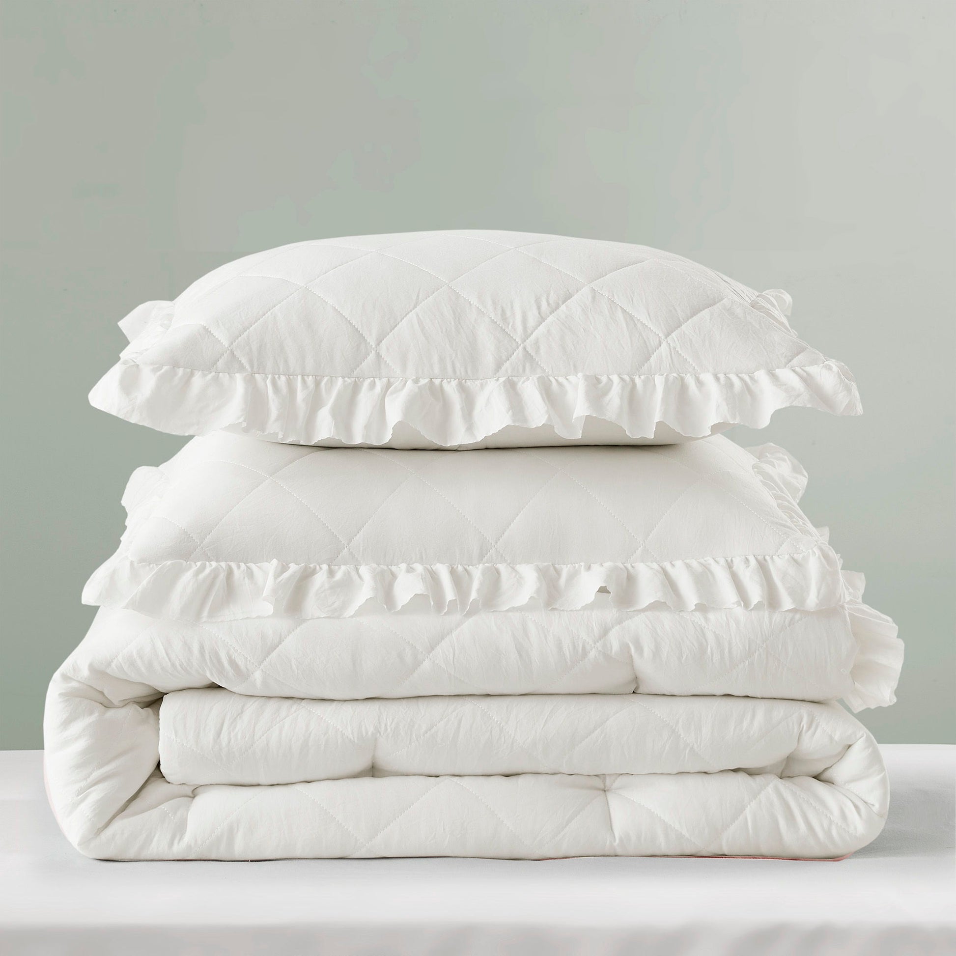 Phoebe - Full/Queen Diamond Quilted Ruffle Edge Comforter Set - Ivory