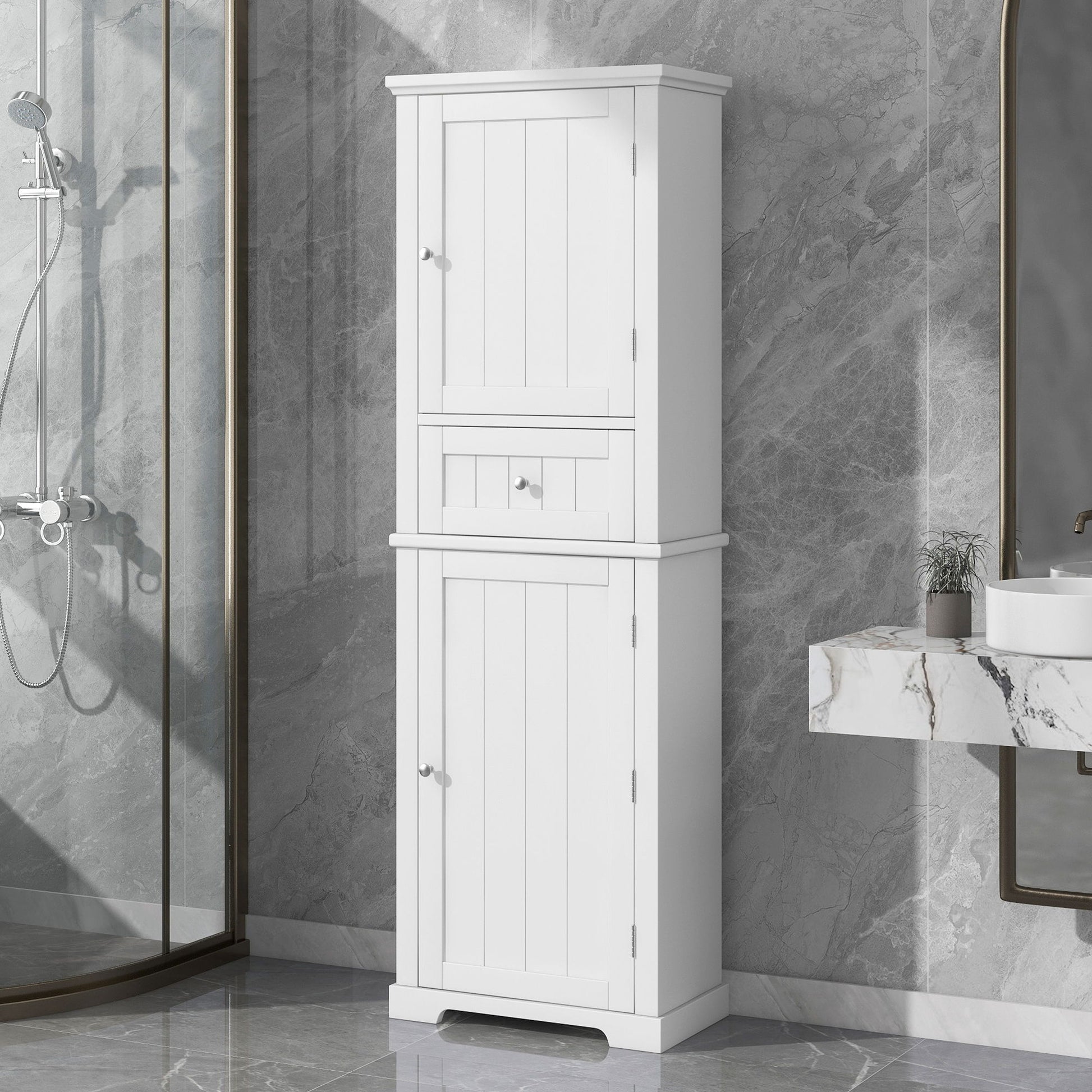 Tall Freestanding Bathroom Storage Cabinet With Drawer And Adjustable Shelf