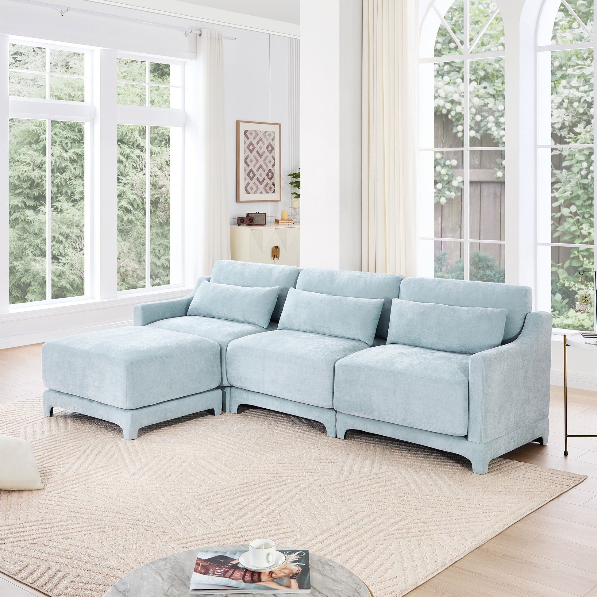Stylish Sofa With Ottoman And Lumbar Pillows, Ergonomic Design