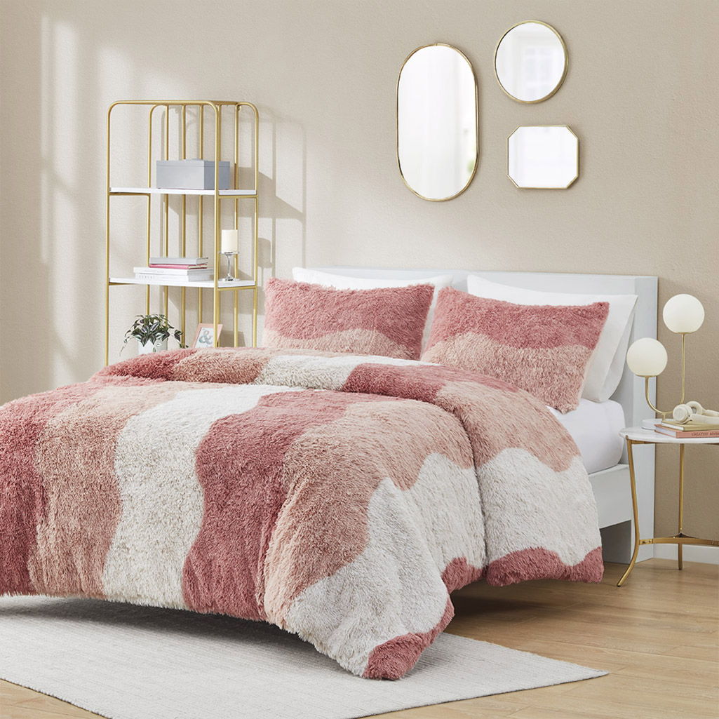 Cassie - Ombre Shaggy Faux Fur Queen Duvet Cover Set - Blush Multi