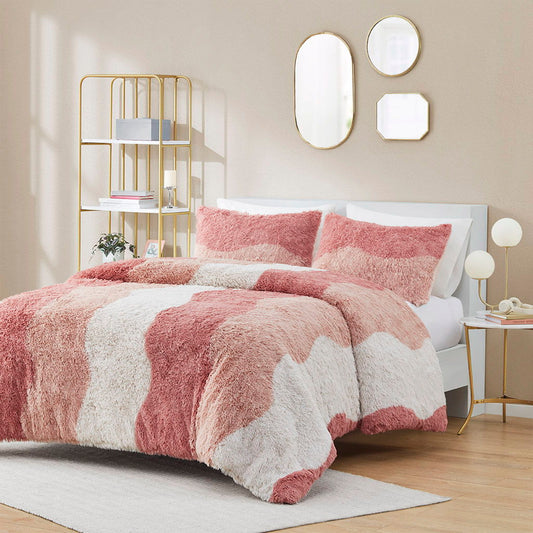 Cassie - Ombre Shaggy Faux Fur Duvet Cover Set - Blush Multi