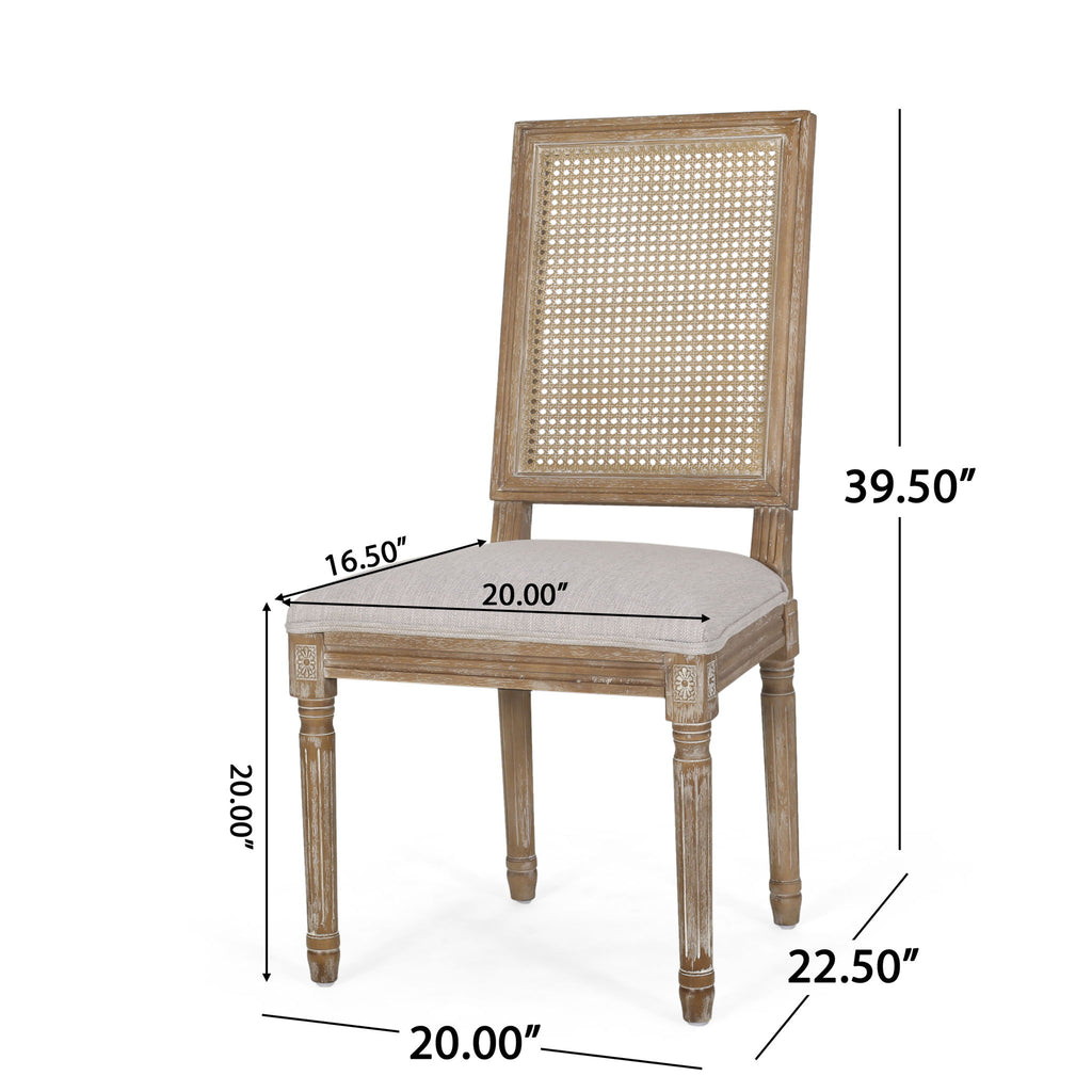 French Country Dining Chair With Rectangular Cane Backrest And Smooth Upholstered Seating