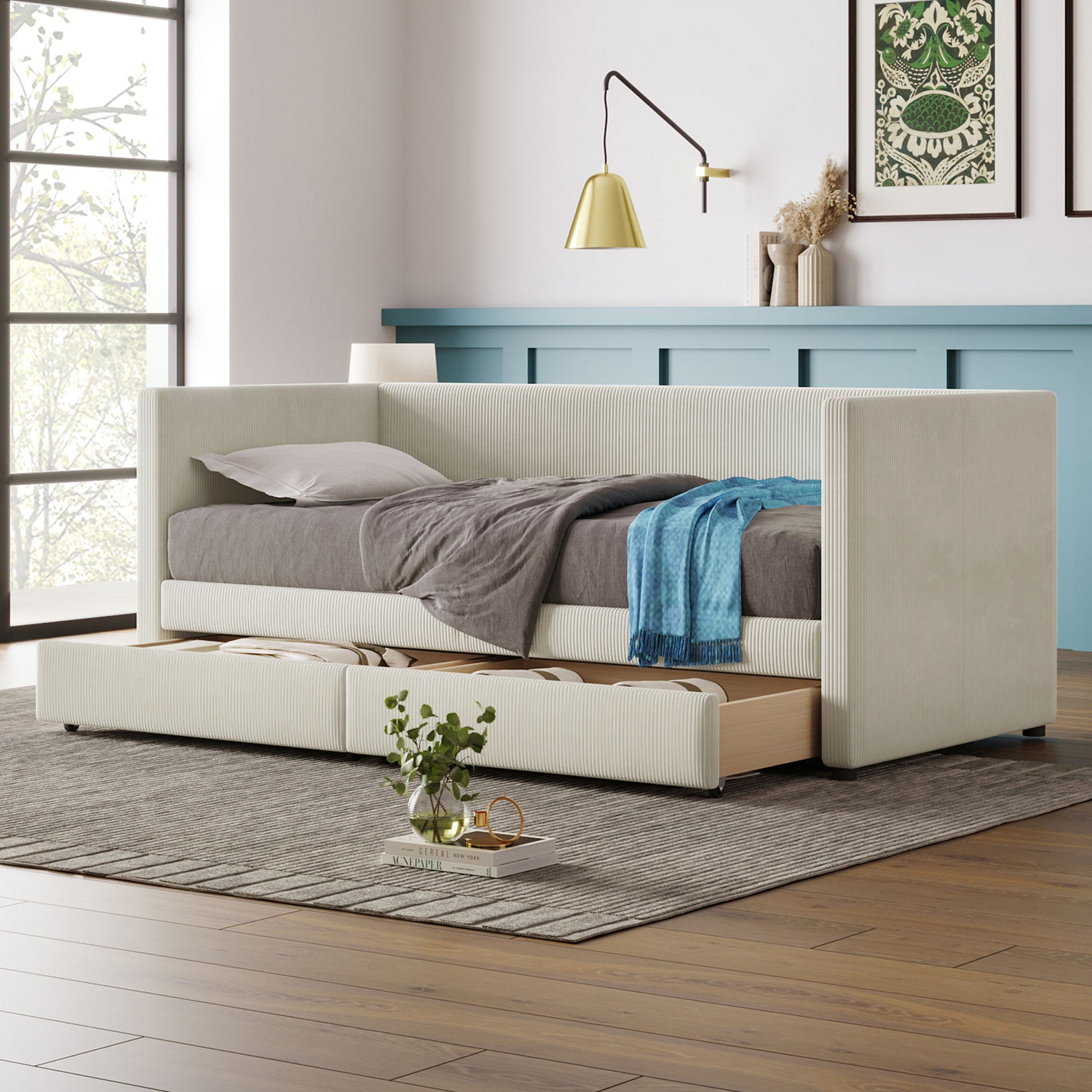 Corduroy Daybed With Two Drawers And Wood Slat