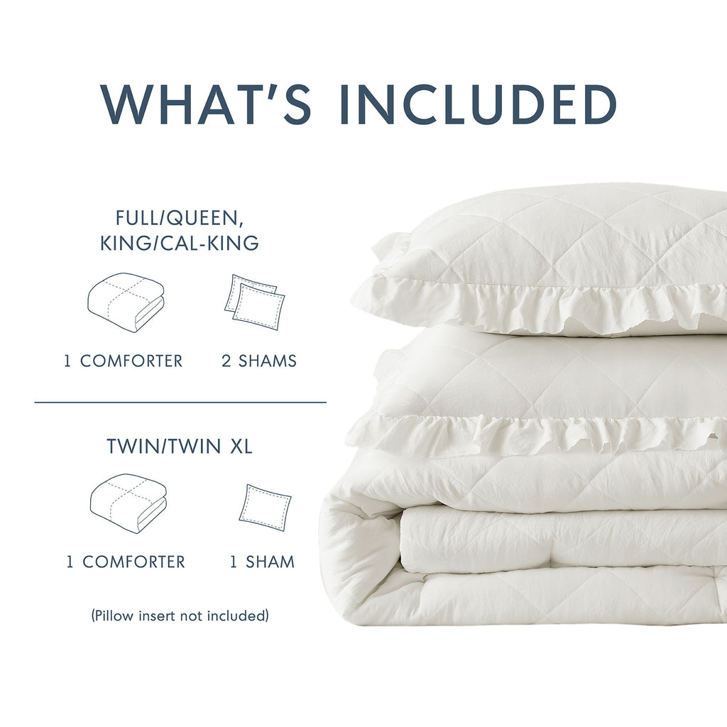 Phoebe - Full/Queen Diamond Quilted Ruffle Edge Comforter Set - Ivory