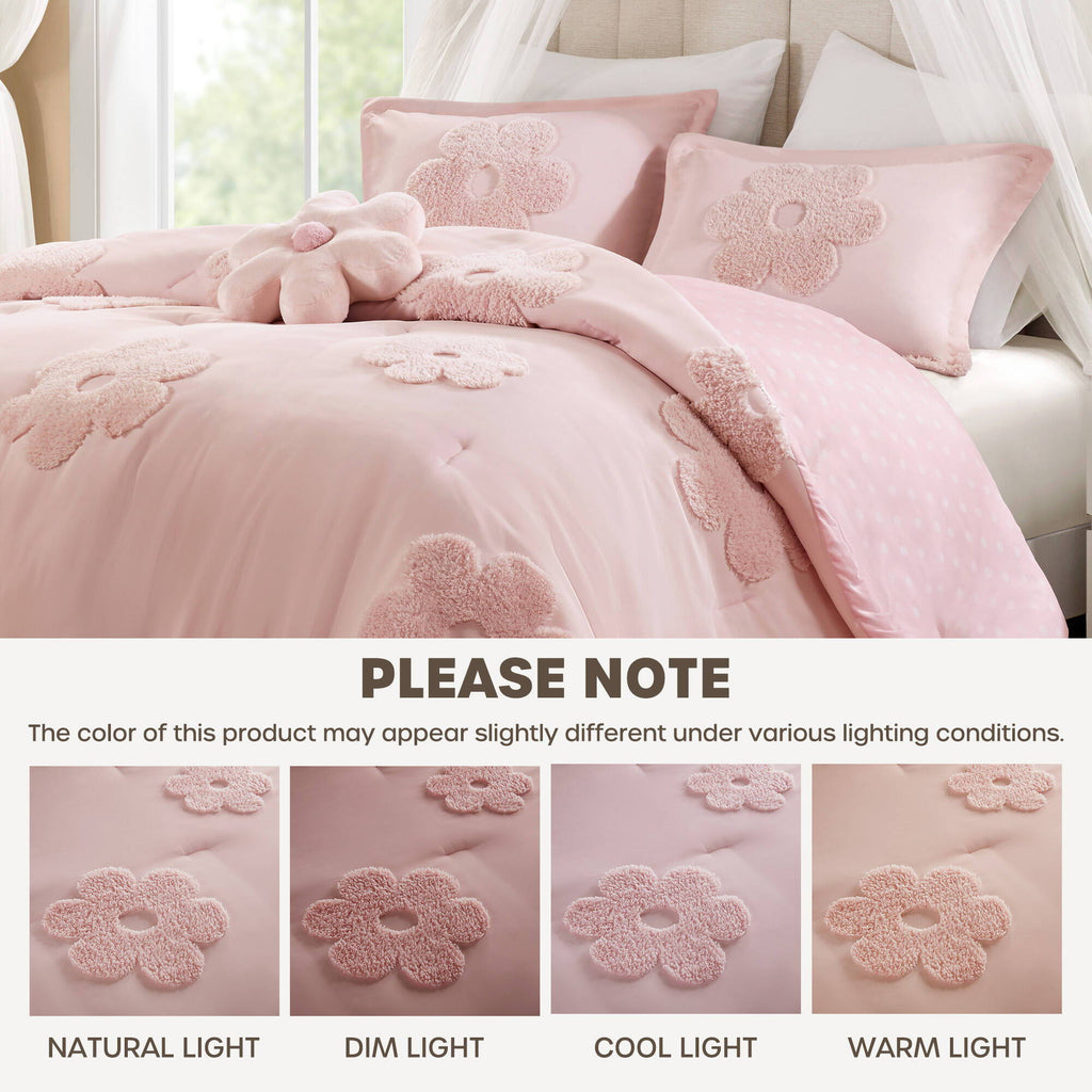 Gracie - Full/Queen Floral Reversible Comforter Set With Flower Throw Pillow - Pink