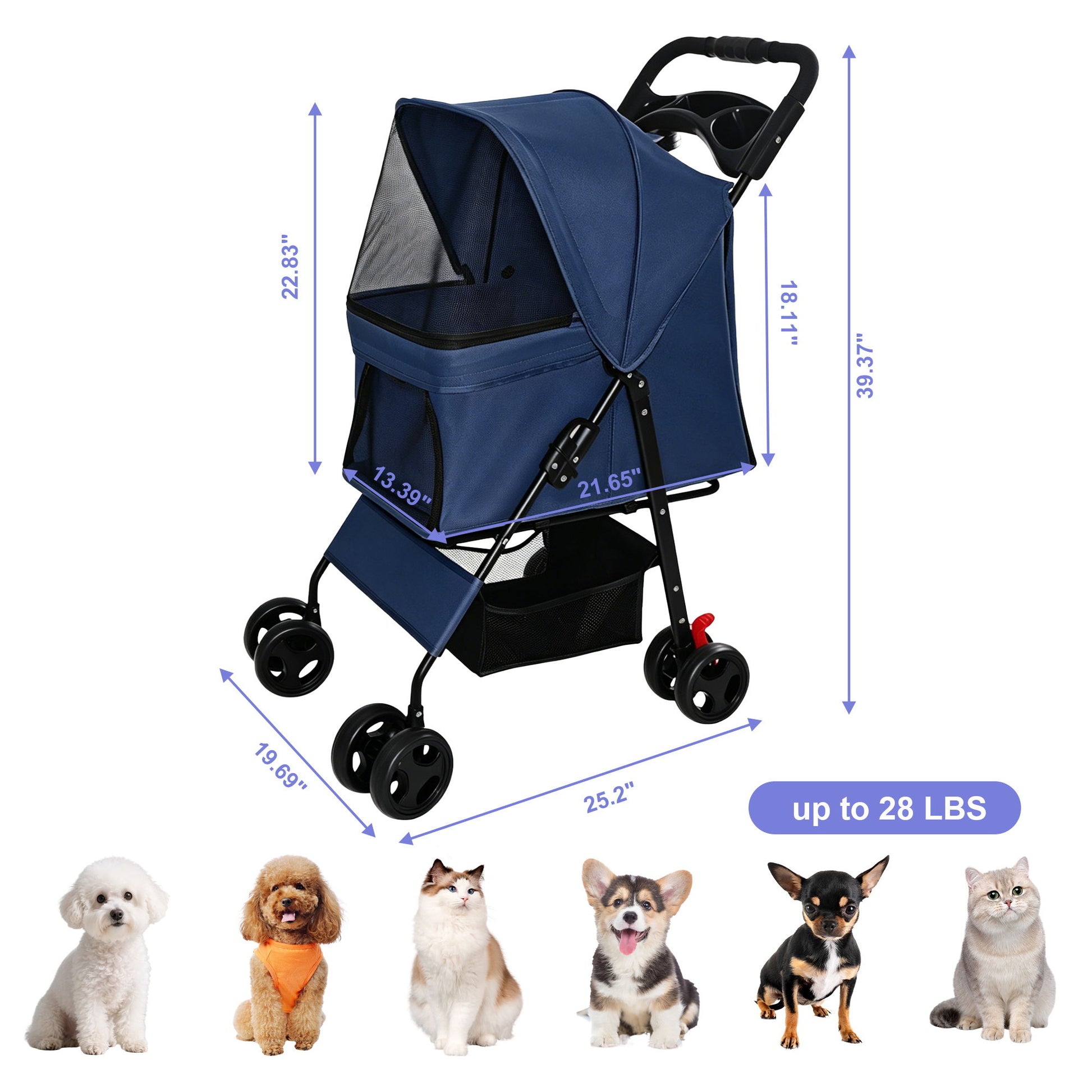 Foldable Pet Stroller For Small Dogs And Cats With Multi Functional Tray