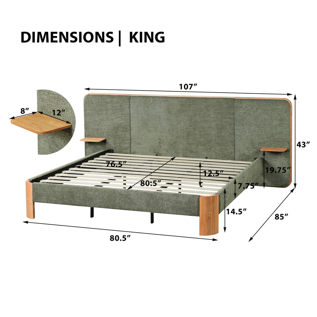 Upholstered Platform Bed Frame With Curved Headboard, Built-In Floating Shelves