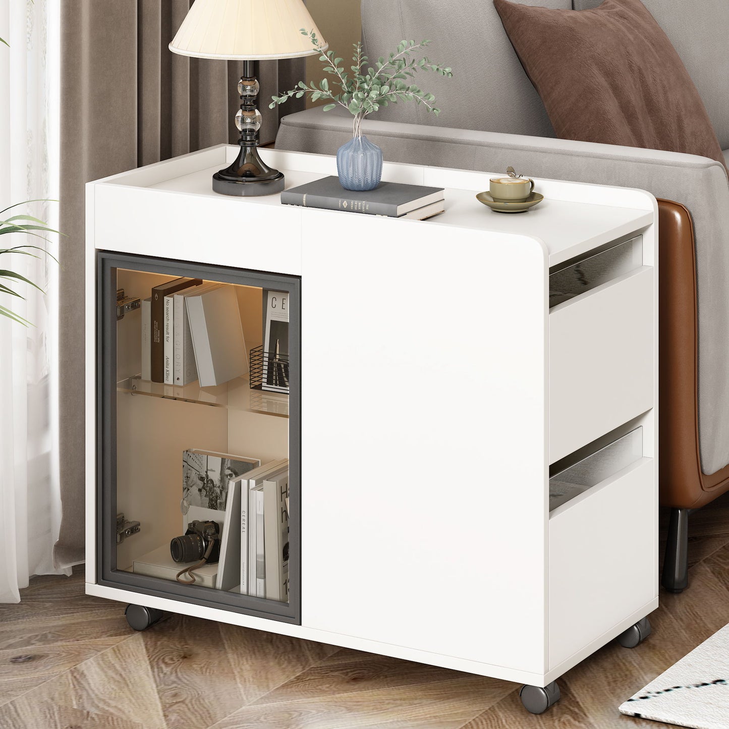 Modern End Table With Led Light And Wheels, Side Table With Transparent Brown Glass Door, 2 Storage Shelves And Drawers For Living Room