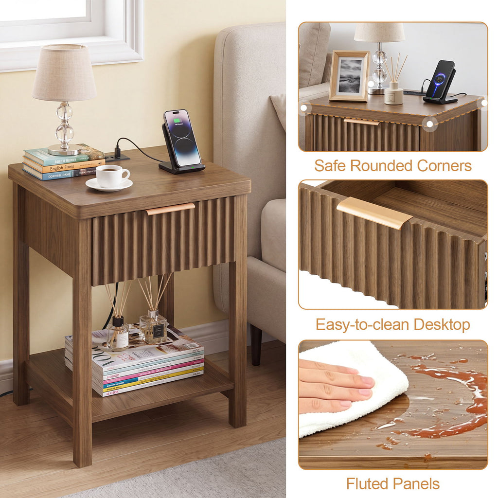 Nightstand, Bedside Table With Built In Charging Station (Set of 2) - Walnut