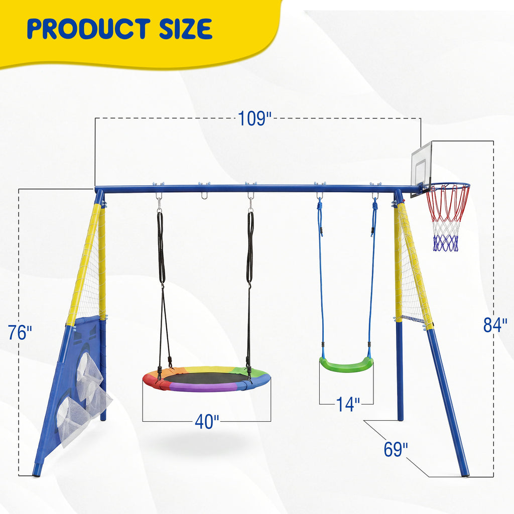 5 In 1 Kids Swing Set With Saucer Swing, Belt Swing, Basketball Hoop & Soccer Goal - Blue / Yellow