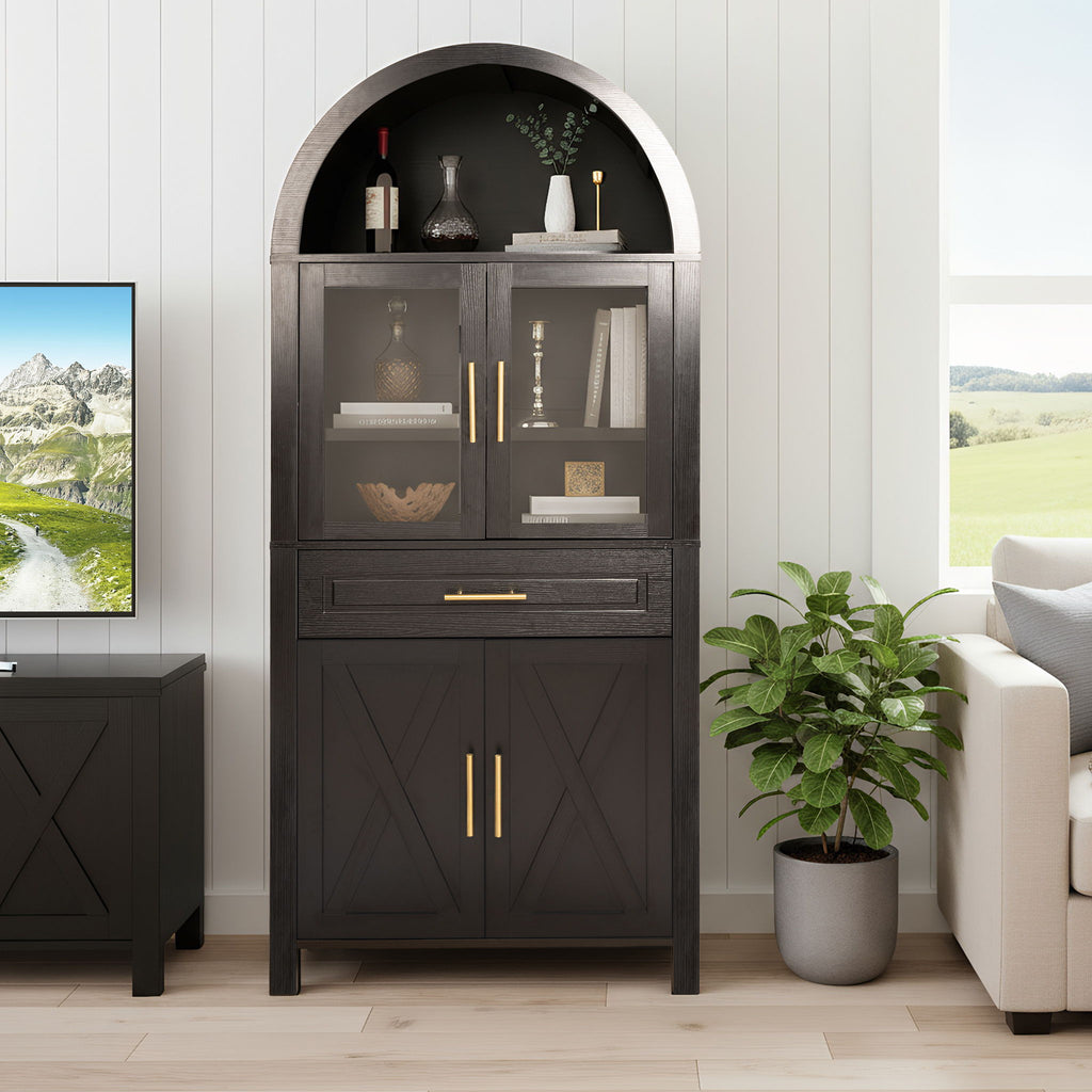 Arched Kitchen Pantry Cabinet With With Adjustable Shelves And Barn Door - Black