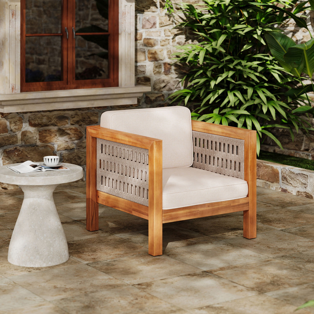 Outdoor Club Chair & Rope Arm And Cushions - Beige / Teak