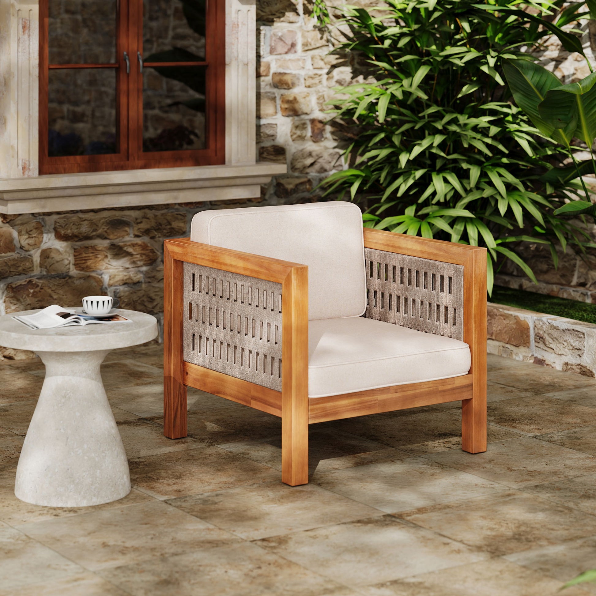 Outdoor Club Chair & Rope Arm And Cushions - Beige / Teak