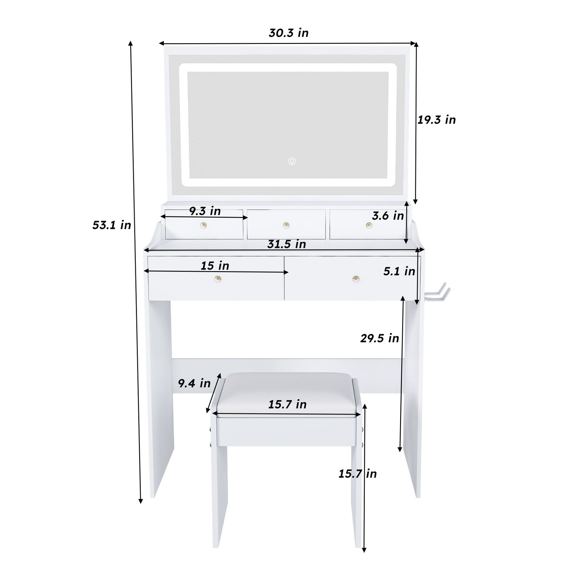 Modern Makeup Vanity Set With Power Outlet, Hair Dryer Holder, And Adjustable Lighting