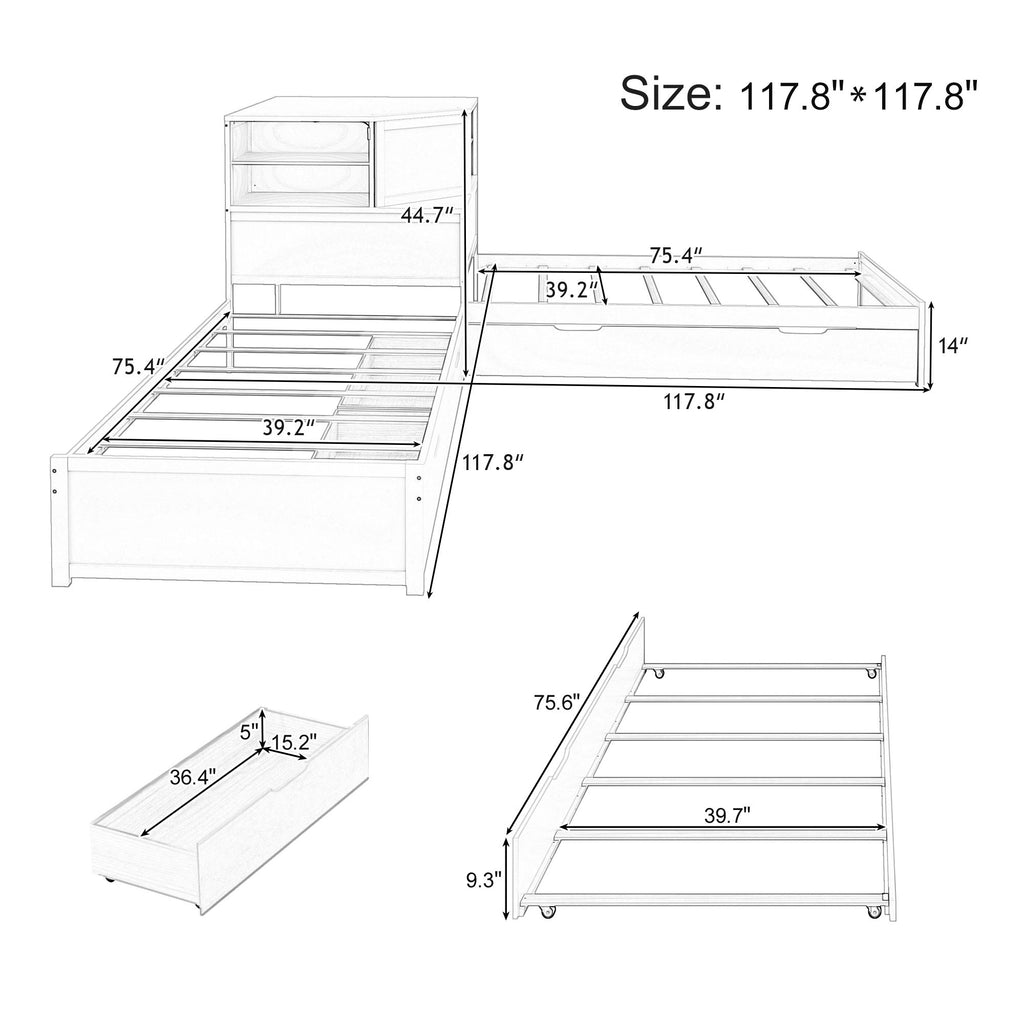L-Shaped Bed Frame With Trundle, Built In Desk & LED Lighting