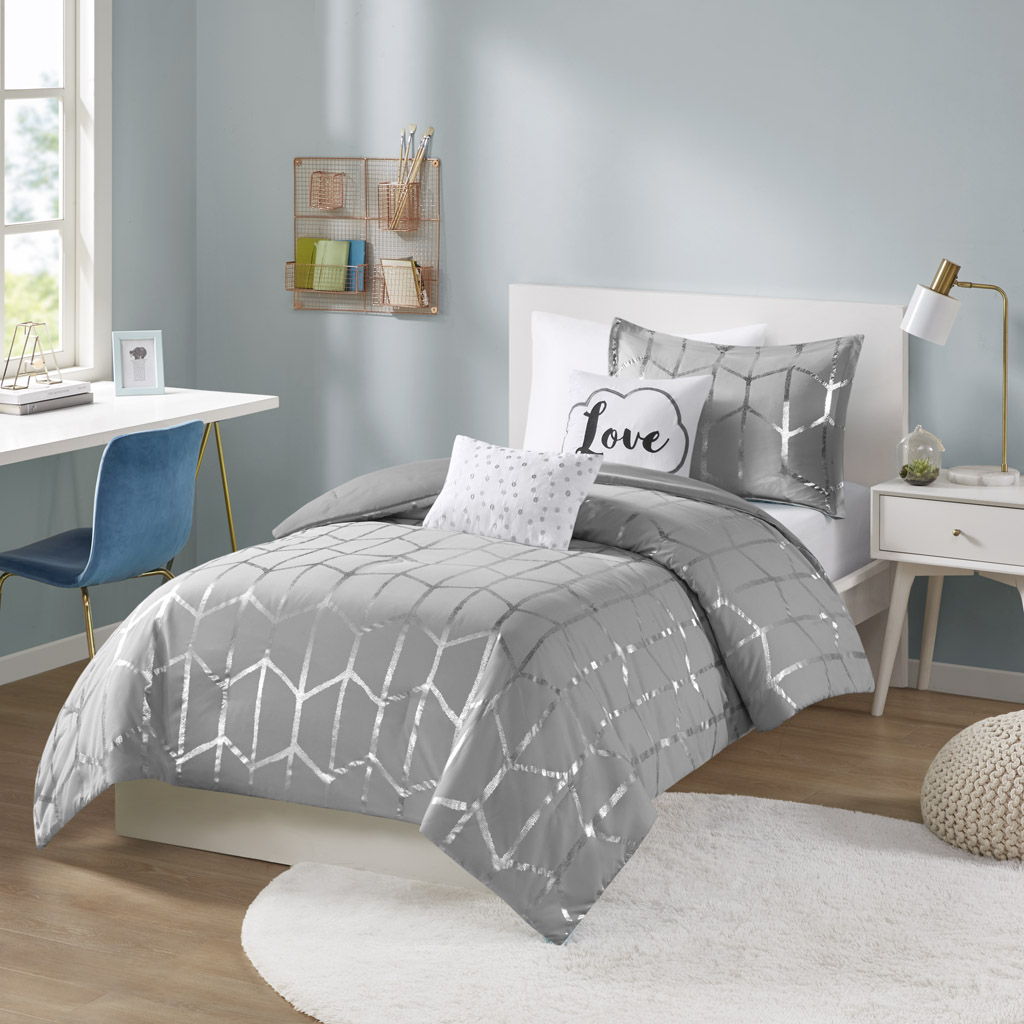 Raina - Twin Metallic Printed Comforter Set - Gray / Silver
