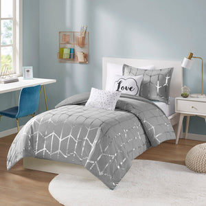 Raina - Twin Metallic Printed Comforter Set - Gray / Silver