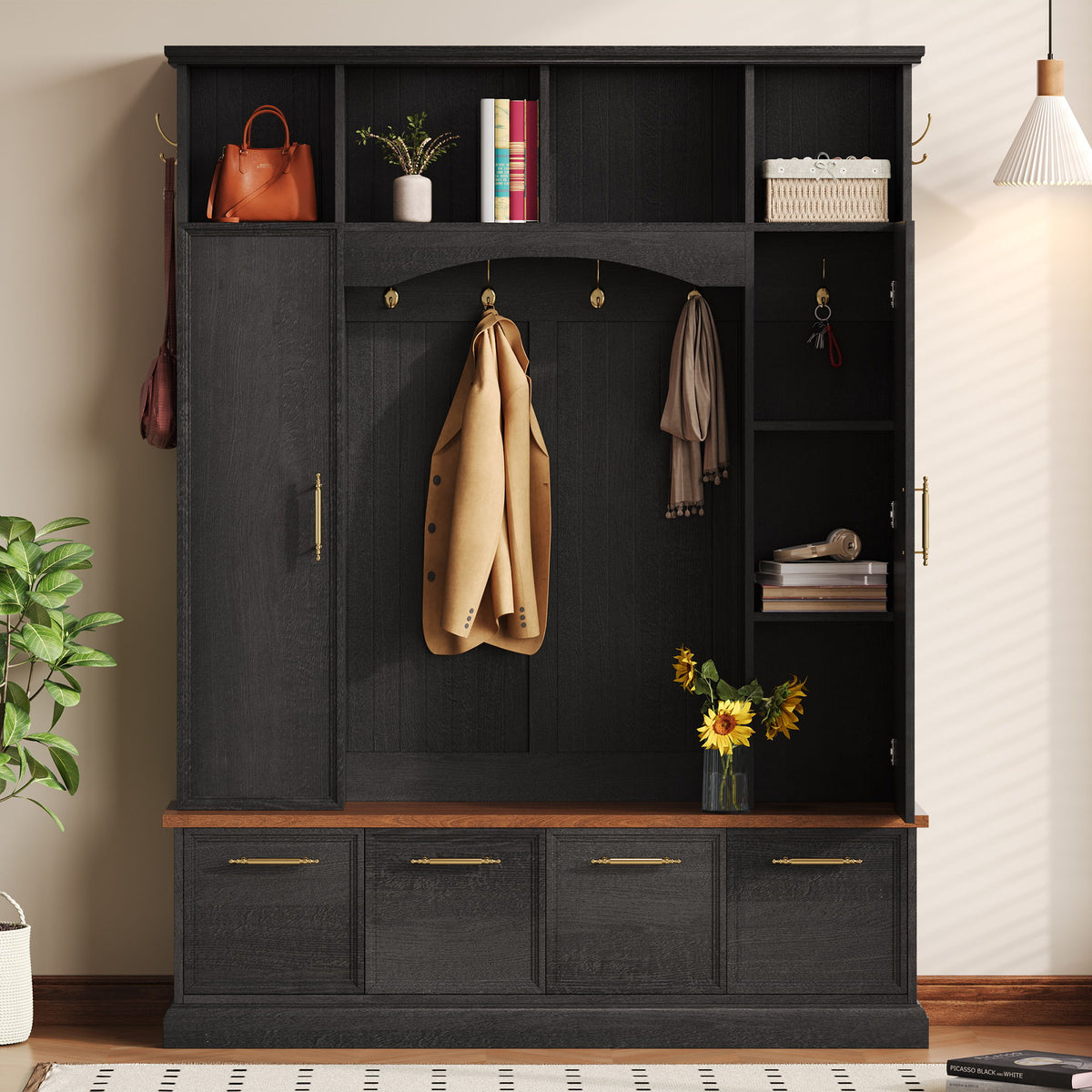 4 In 1 Hall Tree With Hooks & Handles, Adjustable Shelves, Coat & Shoe Rack For Mudroom