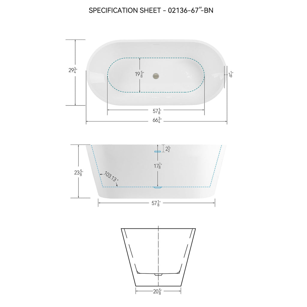 Freestanding Bathtub, Modern & Contemporary Design Soaking Tub With Brushed Nickel Pop-Up Drain And Minimalist Design Overflow