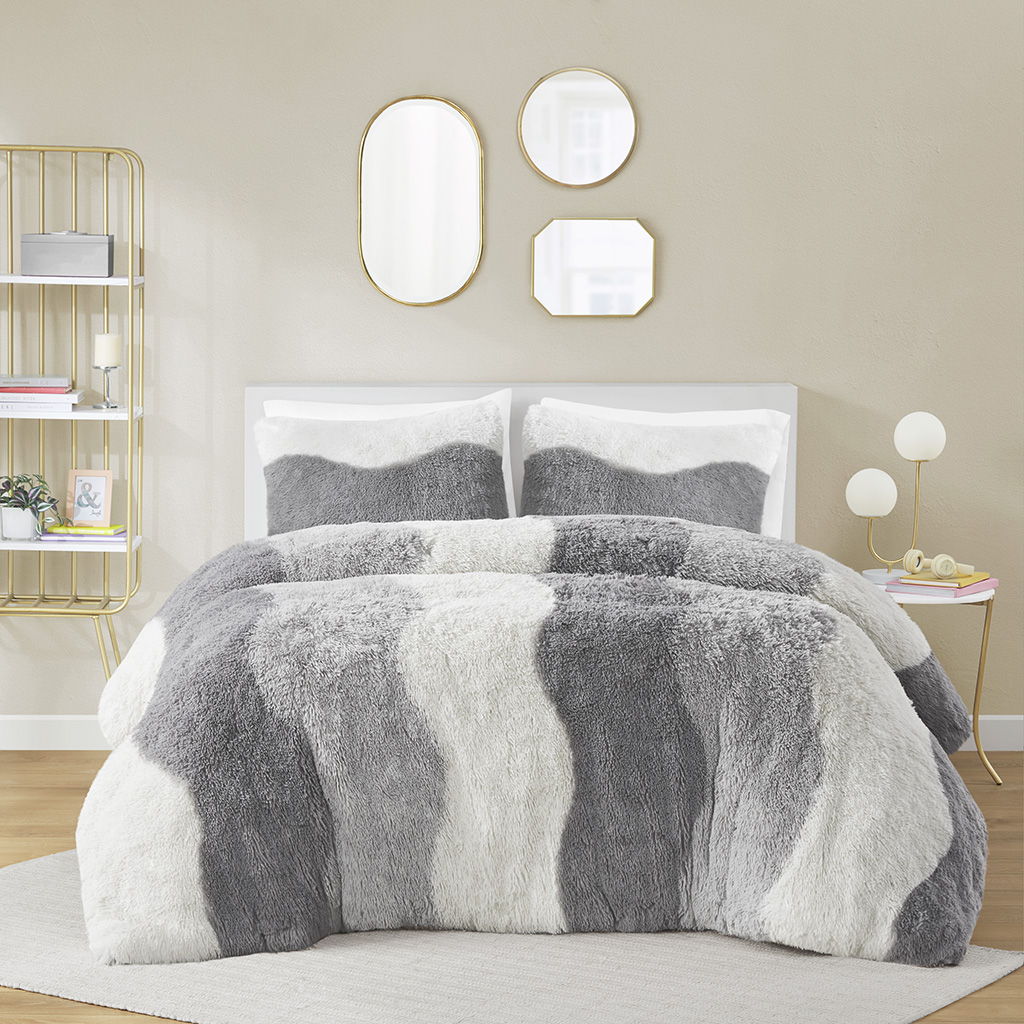 Cassie - Ombre Shaggy Faux Fur Comforter Set - Gray