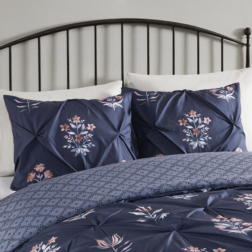 Marfa - 3 Piece Pintuck Duvet Cover Set - Navy