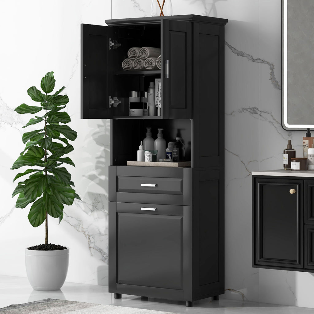 Tall Bathroom Cabinet With Tilt-Out Laundry Basket And Upper Storage