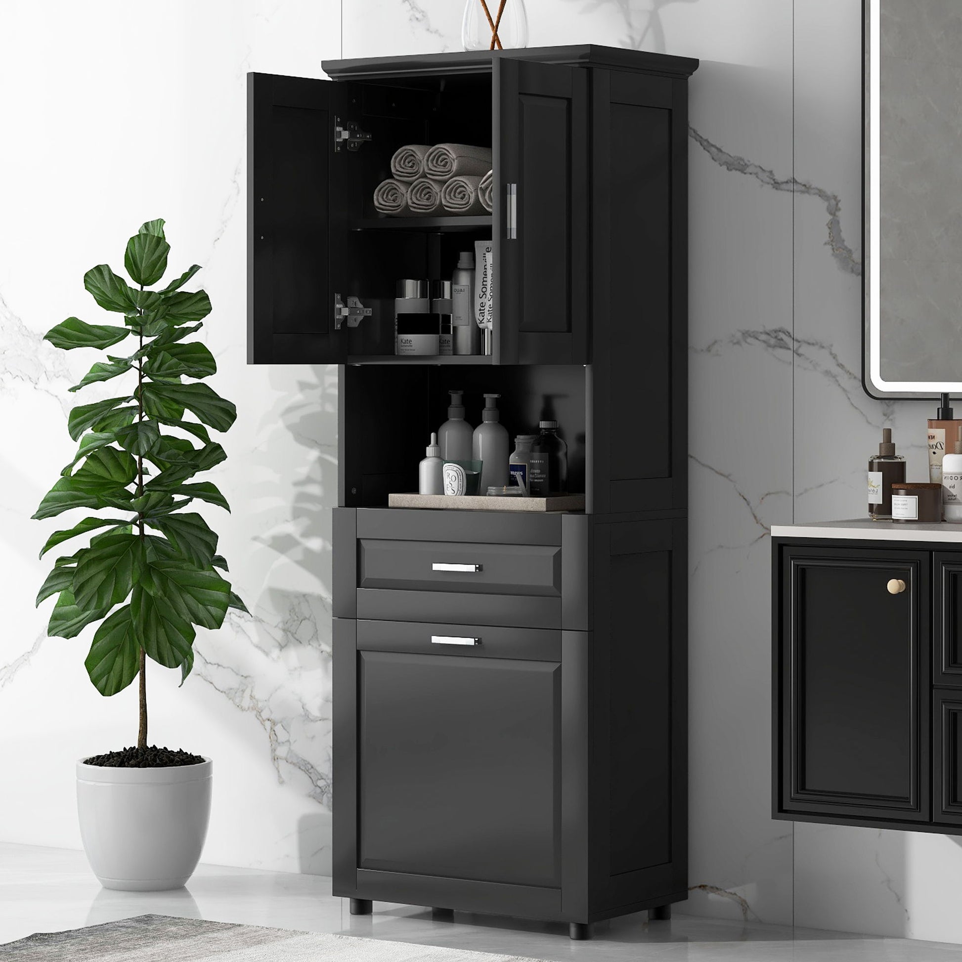 Tall Bathroom Cabinet With Tilt-Out Laundry Basket And Upper Storage