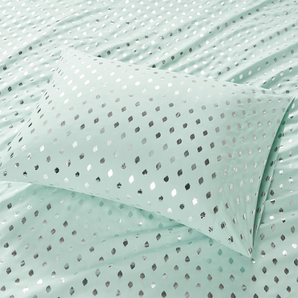Metallic Dot - Twin Long Printed Sheet Set - Aqua / Silver