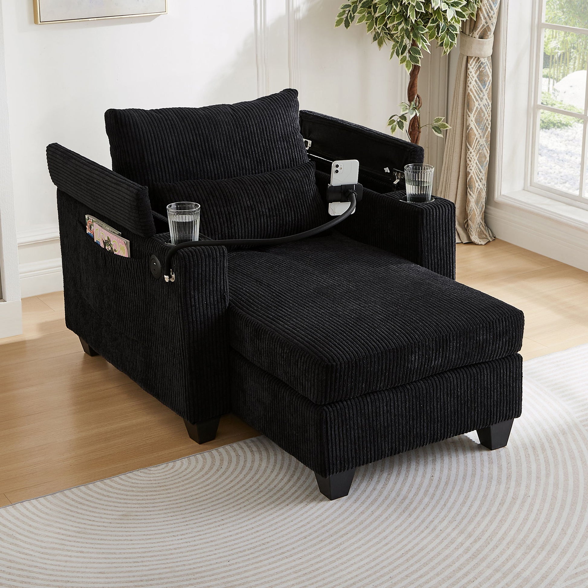 Convertible Chaise Lounge Sofa Chair With USB Ports, Cup Holders, Phone Holder And Storage