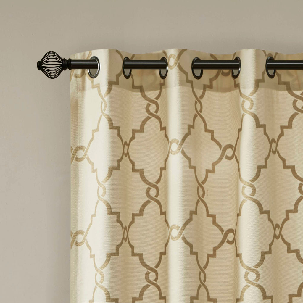 Saratoga - Fretwork Print Grommet Top Window Curtain - Beige / Gold