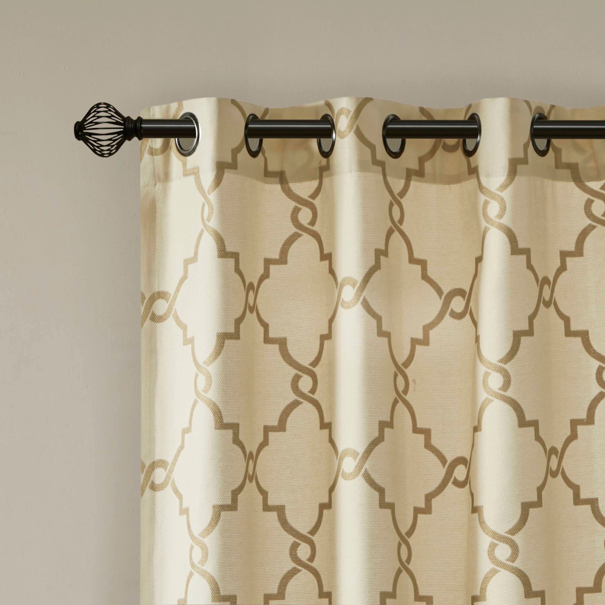 Saratoga - Fretwork Print Grommet Top Window Curtain - Beige / Gold