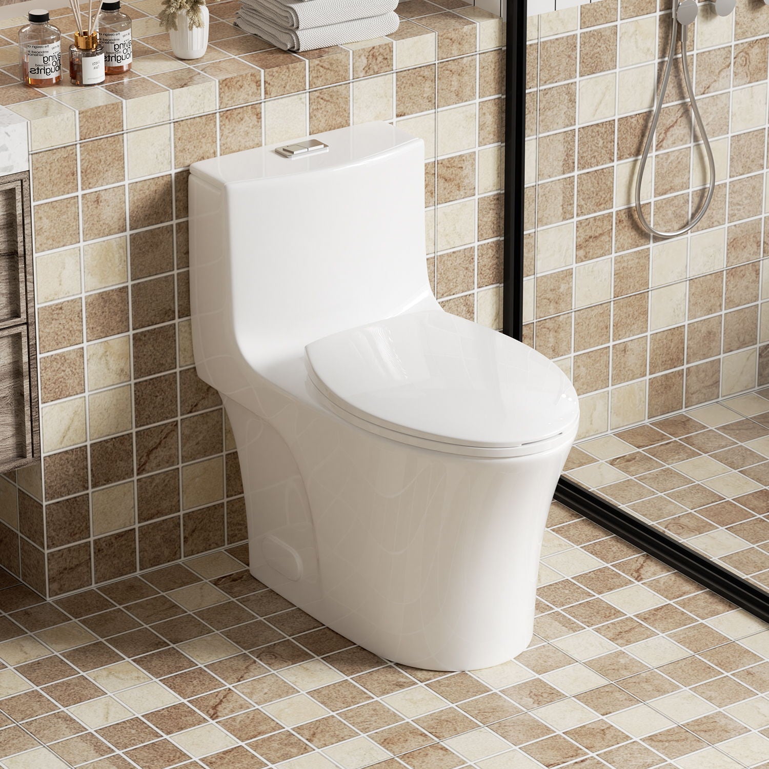 Elegant One Piece Toilet With Tornado Dual Flush, Siphonic S Trap 12", Soft Close Seat, Dual Flush, Ada Height, Glossy - Gloss White