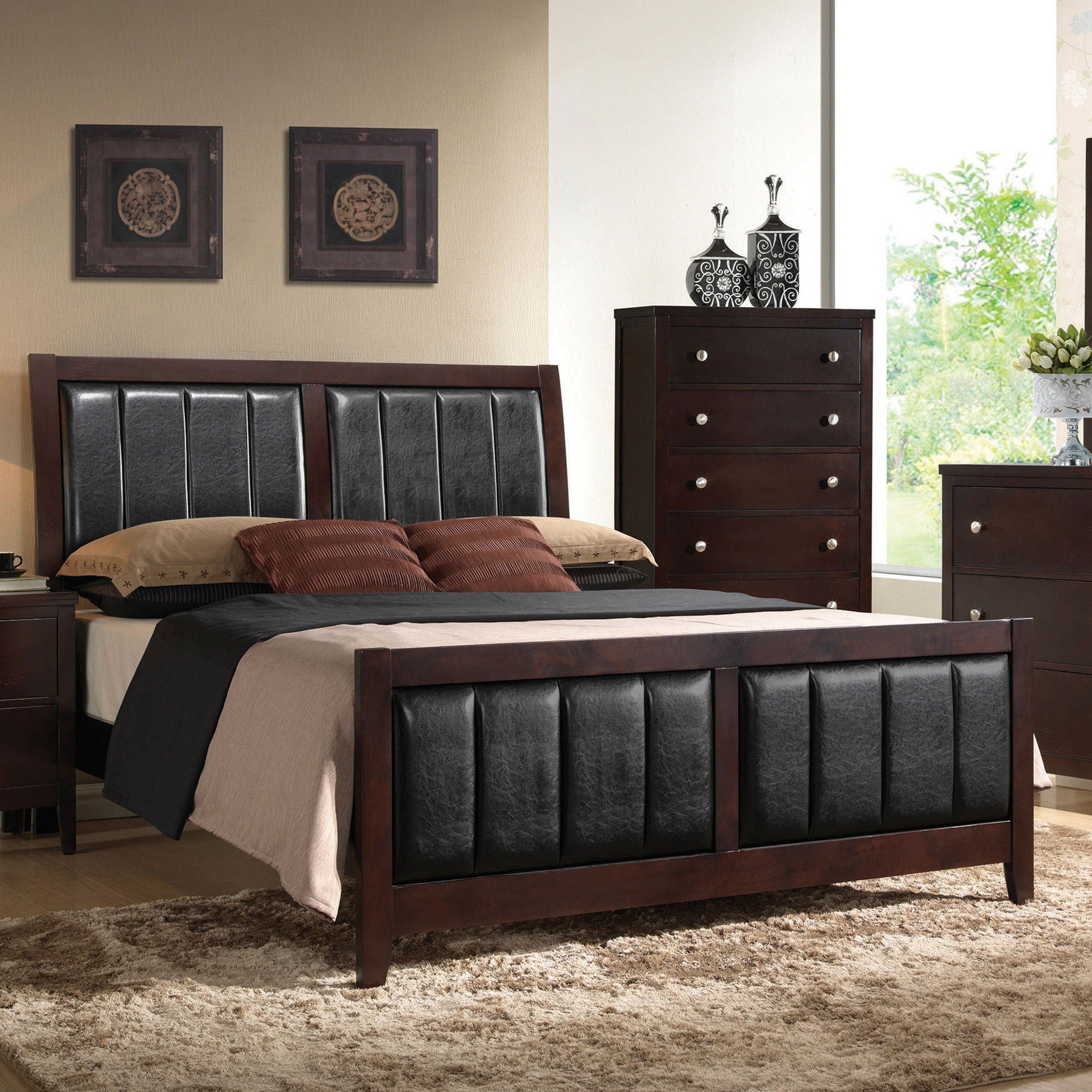 California King Upholstered Panel Bed With Headboard And Footboard - Cappuccino