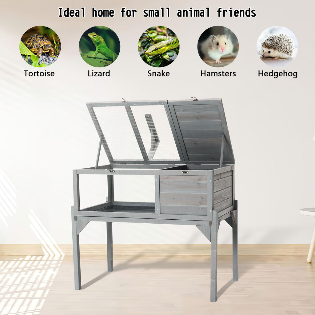 Tortoise Habitat Indoor & Outdoor Wooden Tortoise House With Detachable Legs Reptile Cage For Small Animals Non Leak Waterproof Tray - Gray