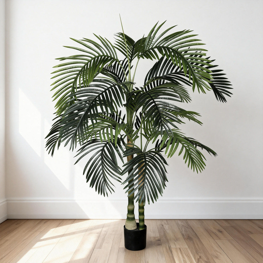 6Ft Golden Cane Artificial Palm Tree With Plastic Pot, Tropical Faux Palm, Indoor / Outdoor Decoration - Green Leaves