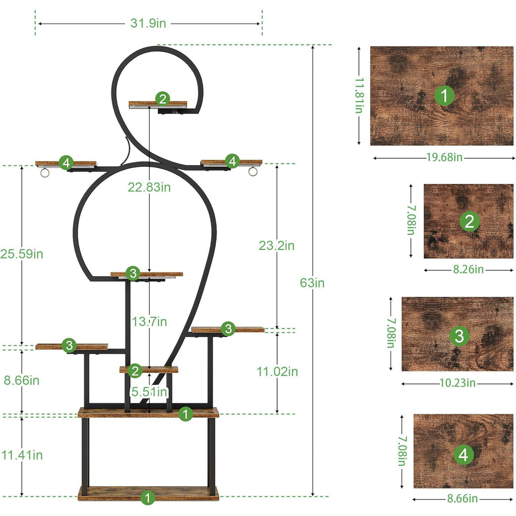 Plant Stand Indoor With Grow Light, 9 Tiered 63" Tall Indoor Plant Shelves For Multiple Plants - Walnut / Black