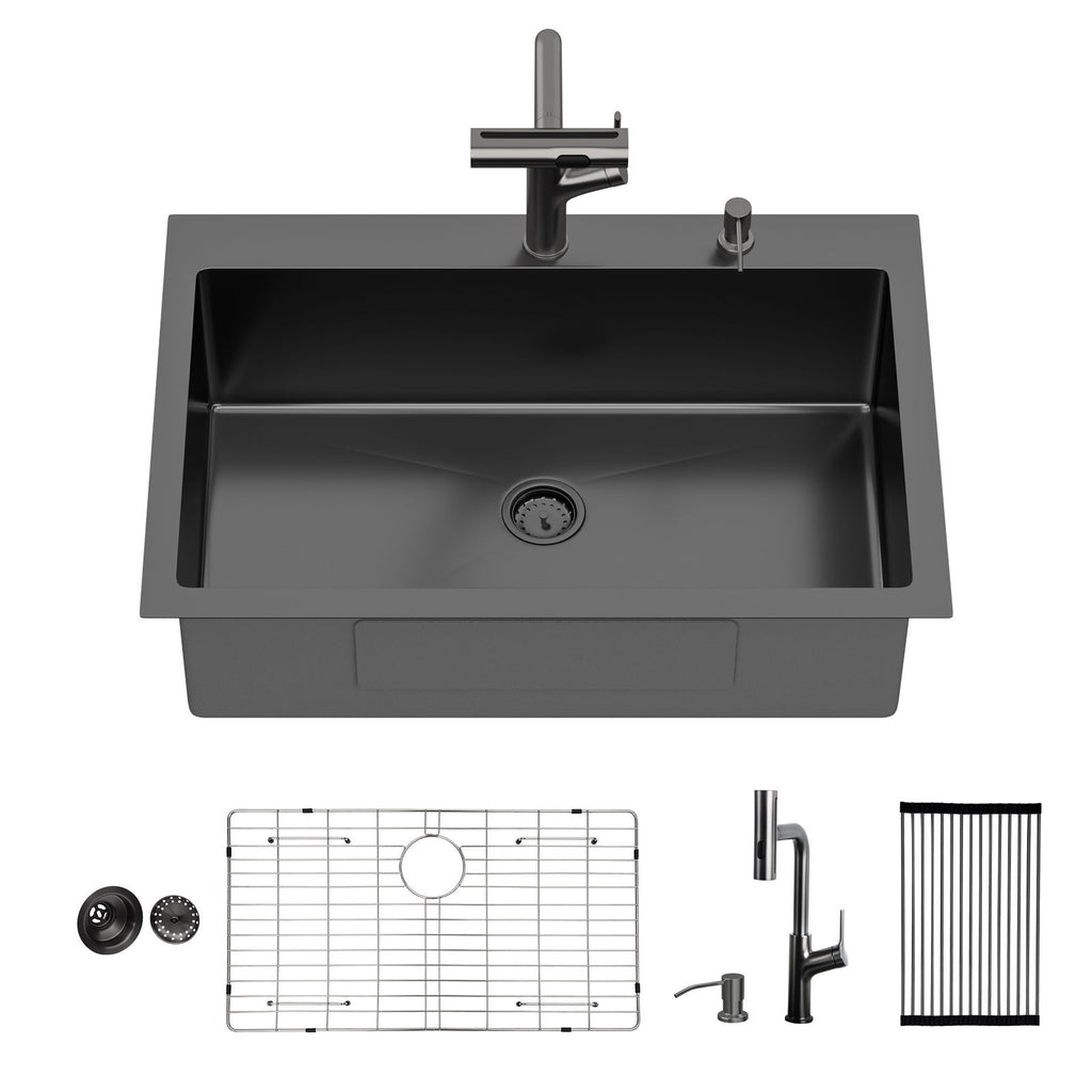 Drop-In Stainless Steel Kitchen Sink With Pull-Out Faucet And Soap Dispenser