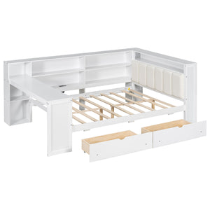 Platform Bed With Storage Shelves, Drawers, Charging Station, LED, Desk