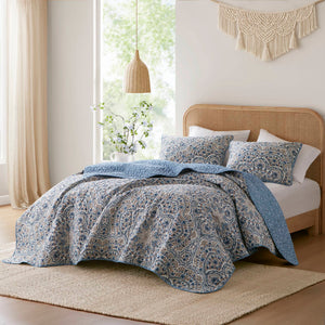 Valerie - King Boho Floral Reversible Quilt - Blue