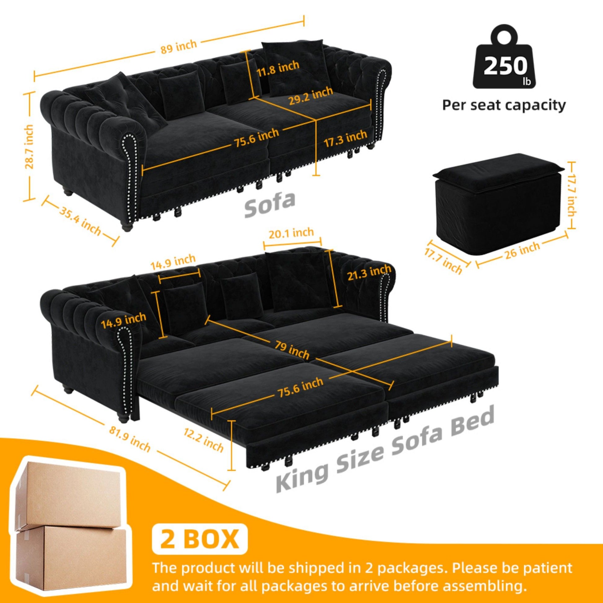 3 In 1 Pull Out Convertible Sleeper Sofa Bed, King Size, Chaise Lounge