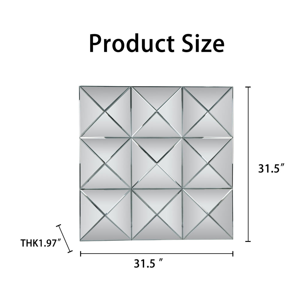 3D Beveled Wall Mirror With Frame, Large Square Design For Living Room - Silver
