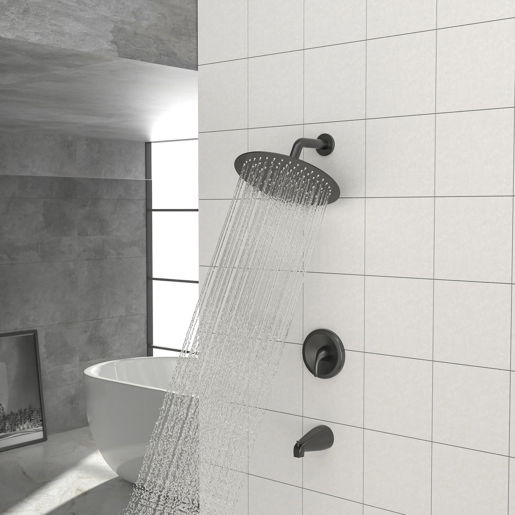 10" Round Rain Shower Head System With Waterfall Tub Spout, Wall Mounted, Stainless Steel