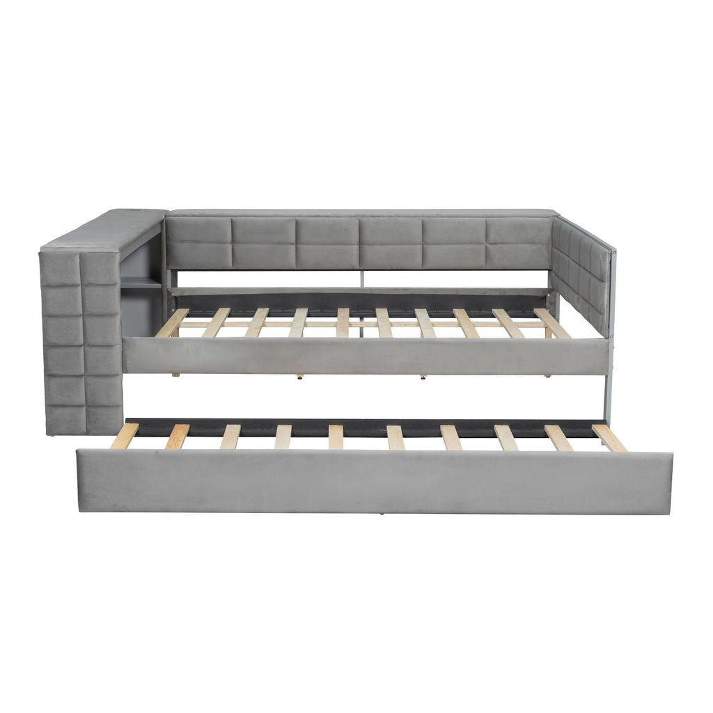 Upholstered Platform Bed With Storage Shelves, Desk, Charging Station And Trundle