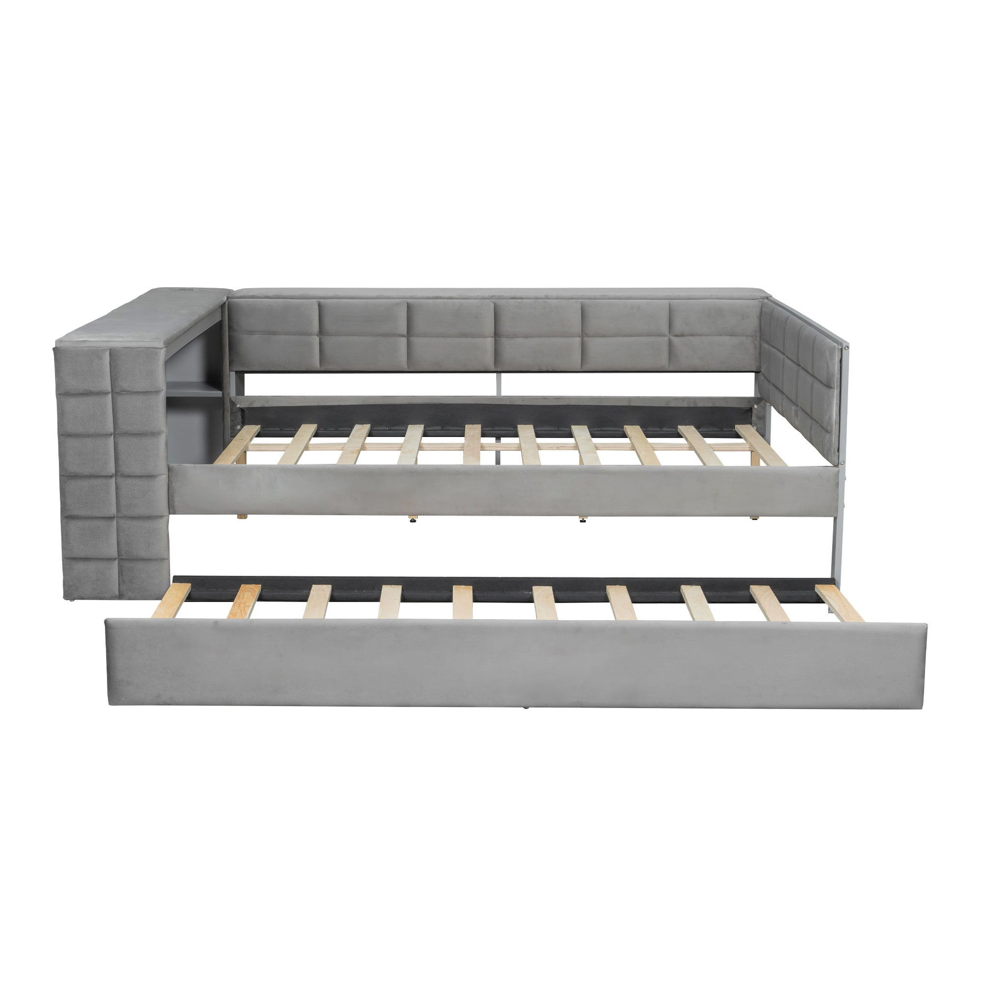 Upholstered Platform Bed With Storage Shelves, Desk, Charging Station And Trundle
