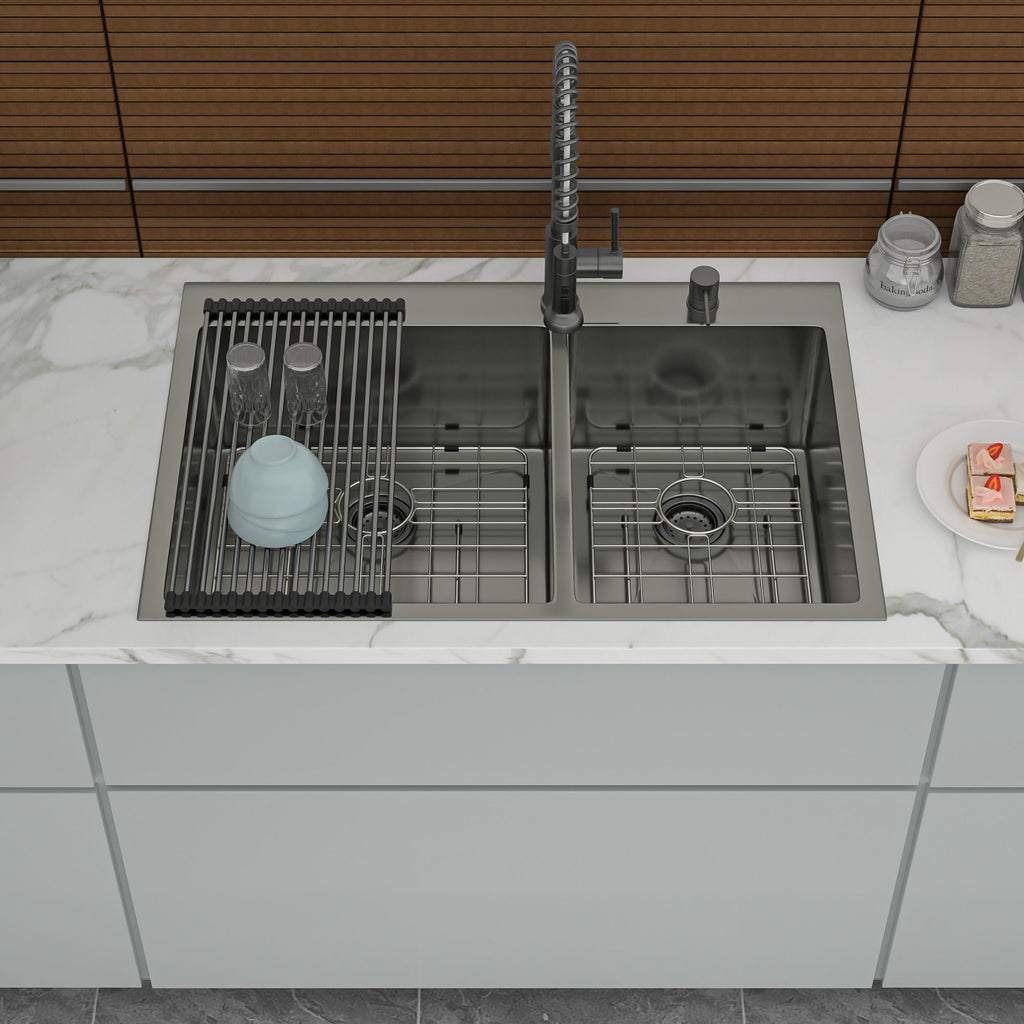 Double Bowl Kitchen Sink 16 Gauge 33" X 22" With 2 10" Deep Basins - Gunmetal Black