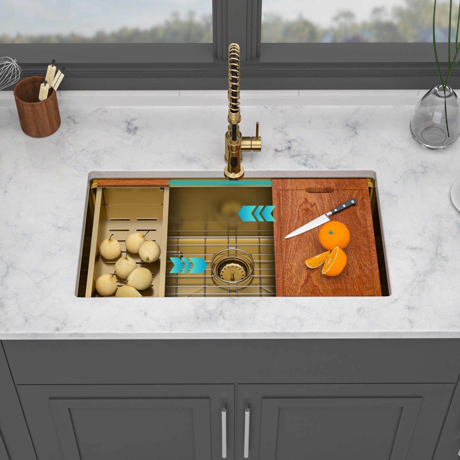 Undermount Kitchen Sink 36 X 19 X 9", 16 Gauge Deep Workstation Sink With Cutting Board And Accessories - Gold