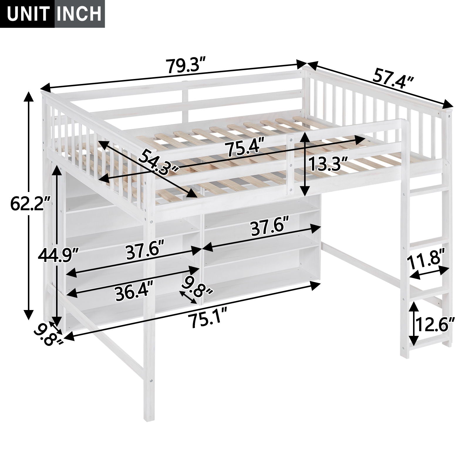 Loft Bed With 8 Open Storage Shelves And Built In Ladder