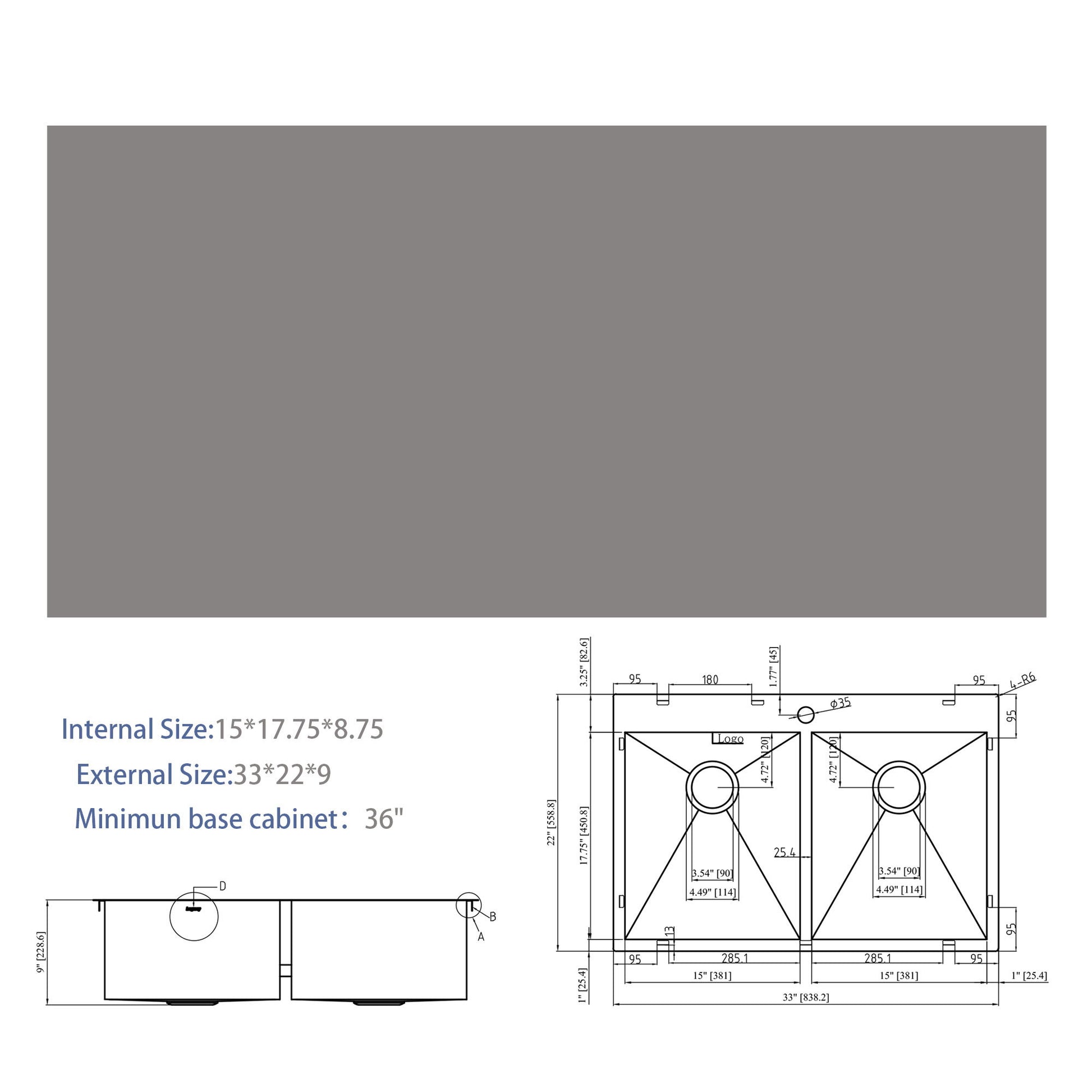 Double Bowl Drop In Kitchen Sink, 16 Gauge Stainless Steel With 2 9" Deep Basins - Gunmetal Black