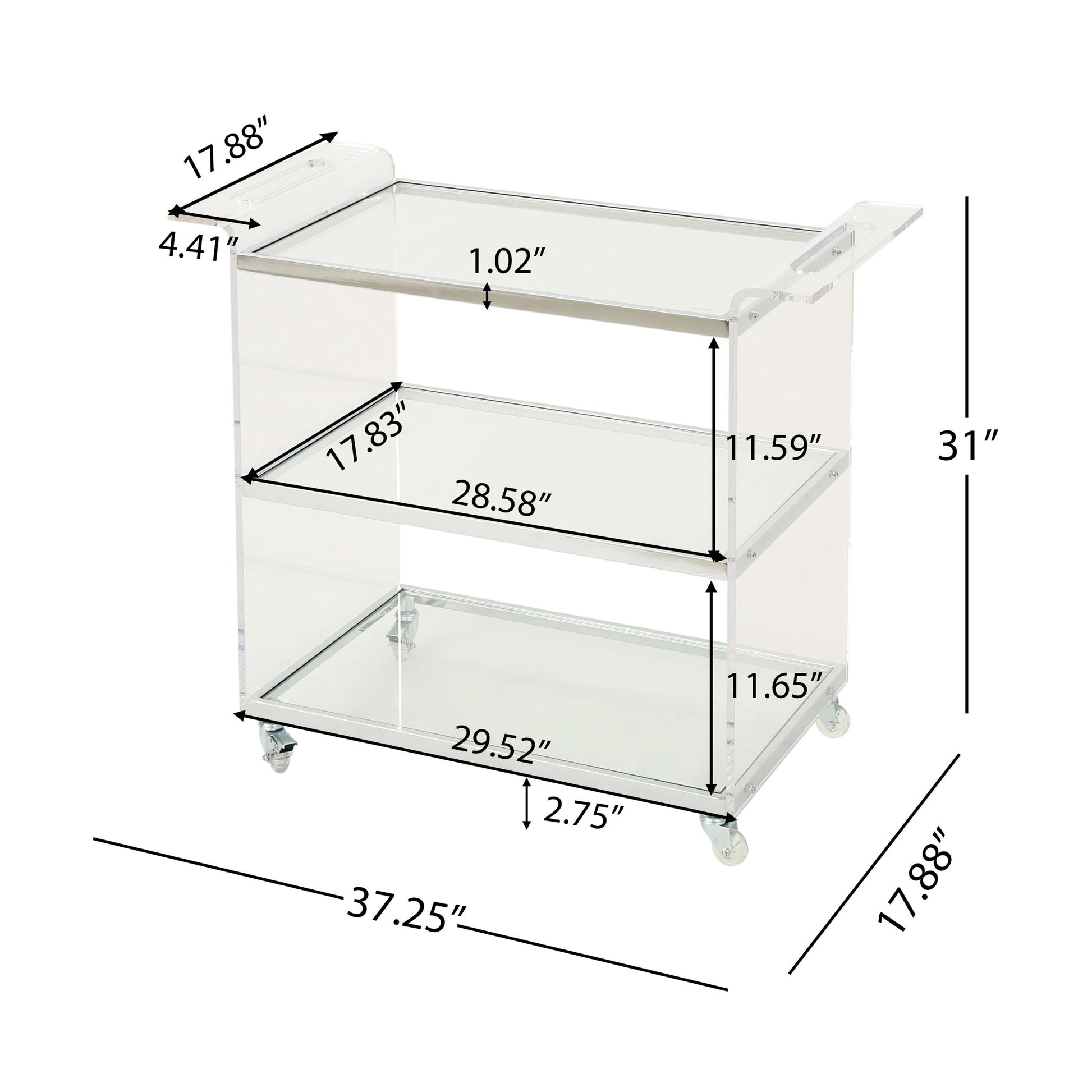 Elegant Acrylic Bar Cart With Tempered Glass Shelves And Rattan Metal Frame - Clear